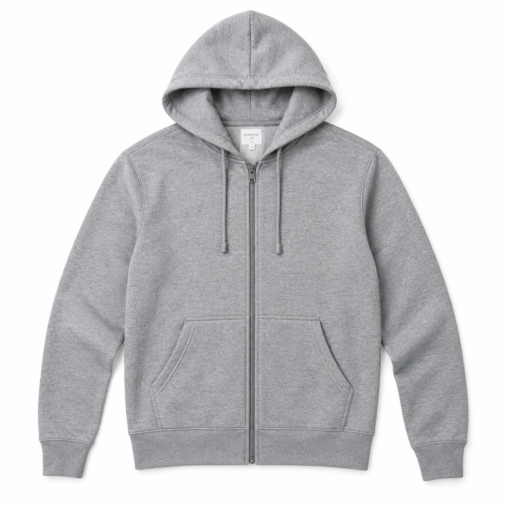 Heather grey athletic hoodie on white background