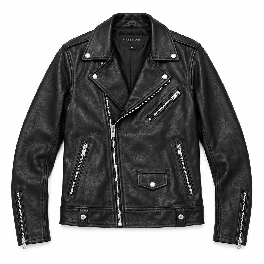 Black leather biker jacket on white background