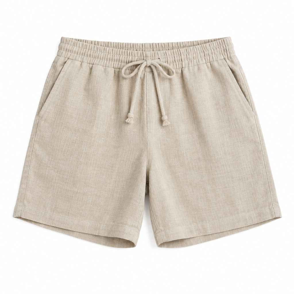 Beige linen shorts on white background